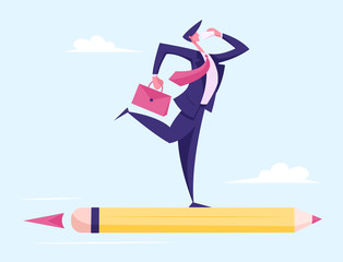 Business Man Character with Briefcase in Hand Flying on Huge Pencil Rocket Calling by Phone. Creative Successful Project Business Innovation Startup, Aim Achievement. Cartoon Flat Vector Illustration