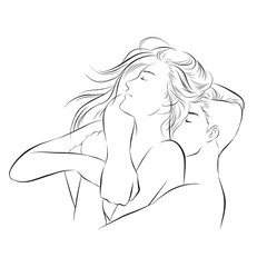 loving young couple hug lay on bed together. vector illustration isolated cartoon hand drawn