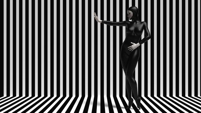 Strict young woman in a black suit posing on a striped black and white background. Realistic 3d render illustration