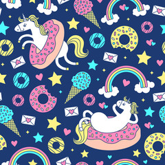 Seamless pattern with fun unicorns in donuts. Vector cartoon style cute character