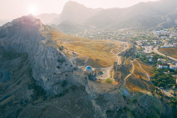 Aerial view - Medieval Fortification Genoese fortress located on the crest of a coastal cliff. Crimean landscape