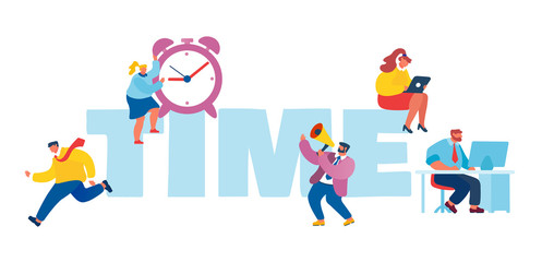 Fototapeta premium Time Management Concept. Tiny Businesspeople with Digital Devices, Megaphone and Clock around Huge Typography Hurry at Work, Deadline Poster Banner Flyer Brochure. Cartoon Flat Vector Illustration