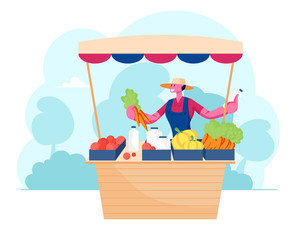 Young Man Seller Standing behind of Outdoor Counter Desk with Fresh Vegetables and Dairy Production. Farmer Marketplace Fair, Ecological Natural Seasonal Farm Products Cartoon Flat Vector Illustration