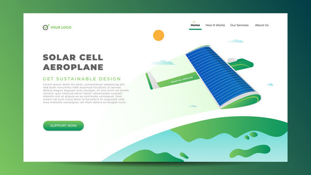 Green Solar Aeroplane Airplane Electric. Future Sustainable Plane Energy. Eco friendly solar-powered aircraft design