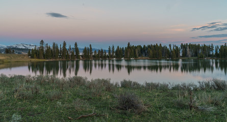 Beautiful Sunset Scenery at a lake in the Yellowstone national park, Wyoming