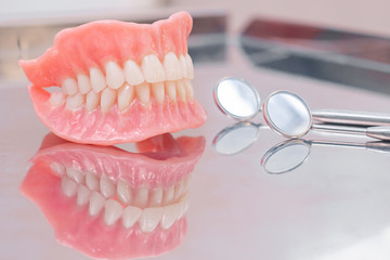 Two dentures.  Instruments and dental hygienist checkup concept with teeth model dentures and mouth mirror. Regular dentist checkups - obrazy, fototapety, plakaty
