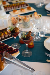 Food served on table in a white hall during a Birthday party in Eastern European Baltic Riga Latvia - Blue and teal colors - Canape, snacks and light drinks