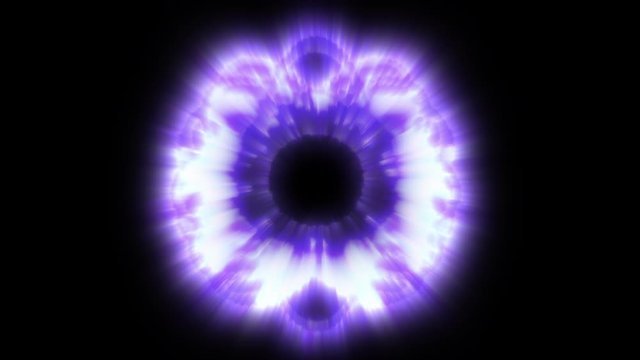 Video abstraction in the form of a shining round shape similar to a fractal, portal or eye on a black background