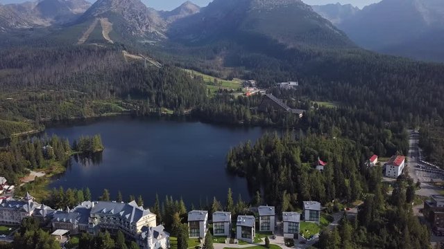 Summer morning aerial view of Strbske Pleso resort in High Tatras mountains, Slovakia.