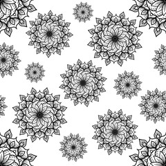 Seamless pattern abstract flower, black and white flower in Asia arts.