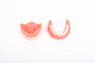 Two dentures.  Dental hygienist checkup concept with teeth model dentures. Regular dentist checkups