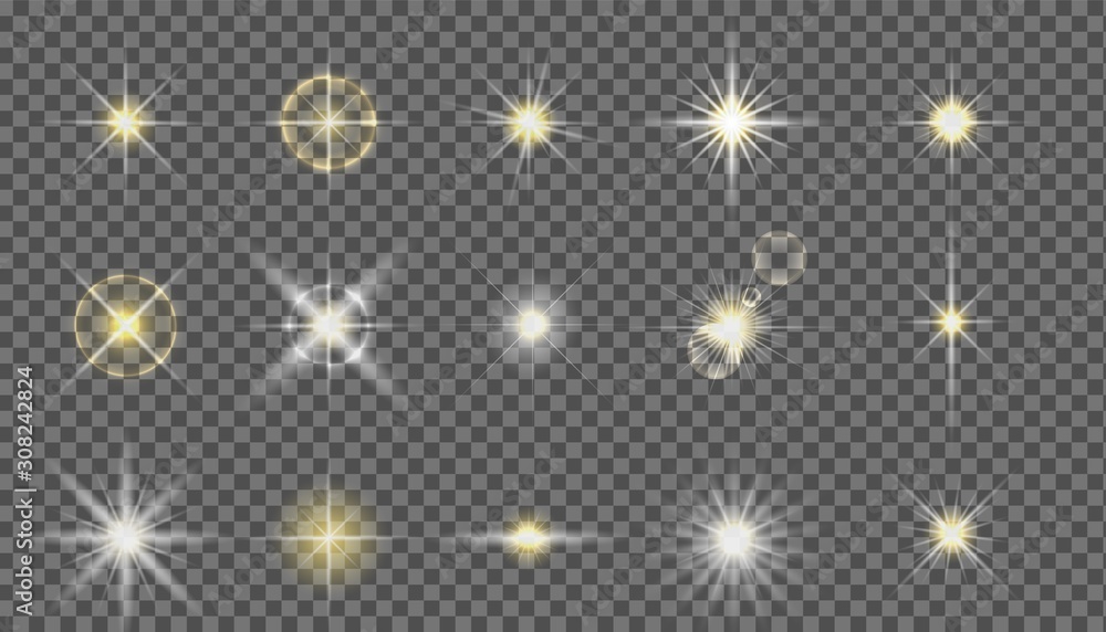 Wall mural flash camera light effect. realistic twinkle stars. vector glow shine element set. starlight isolate