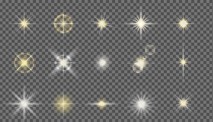 Fototapeta premium Flash camera light effect. Realistic twinkle stars. Vector glow shine element set. Starlight isolated on transparent background vector set
