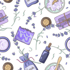 Seamless pattern with lavender flowers, soap, bottls, cream fragrant bag and volatile oil on white background. Digital illustration for fabrics, packaging design, or wrapping paper.