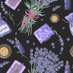 Digital illustration for fabrics, packaging design, or wrapping paper. Seamless pattern with lavender flowers, soap, bottls, fragrant bag and volatile oil on black background. 