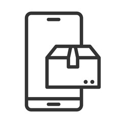 Online delivery service outline icon isolated on white background. Smartphone with express delivery app showing the package. Delivery and logistics vector illustration for web, mobile and ui design