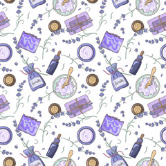Seamless pattern with lavender flowers, soap, bottls, cream, fragrant bag and volatile oil on white background. Digital illustrationof provence lavender for fabrics and wrapping paper.