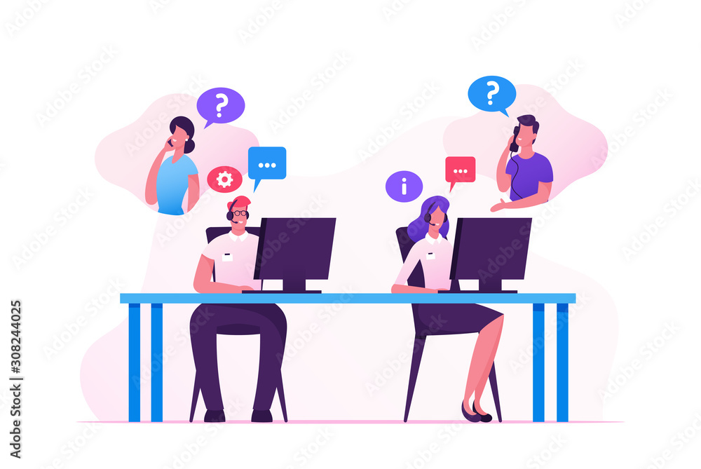Aufkleber hotline operators help clients to solve their problems. smiling friendly male and female call center