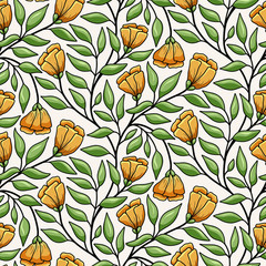 Floral branch seamless vector pattern with intertwined flowers and leaves