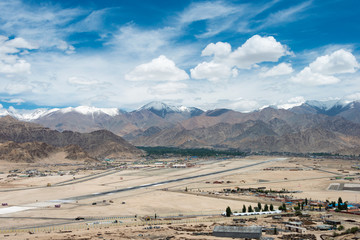Ladakh, India - Jul 09 2019 - Leh airport (Kushok Bakula Rimpochee Airport) view from Spituk Monastery in Ladakh, Jammu and Kashmir, India.