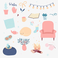 Vector set of winter hygge elements. Isolated on white background. Scandinavian style. Cozy home things. Sleeping cat, soft chair, knitting