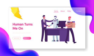 Automation, Futuristic Technologies, AI Website Landing Page. Human Vs Robot. Boss Shaking Hand to Cyborg Taken in Office, Alive People Dismissal Web Page Banner. Cartoon Flat Vector Illustration