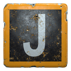 Public road sign orange and black color with a white capital letter J in the center isolated. 3d