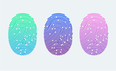 Fingerprints. Cyber security concept. Digital security authentication concept. Biometric authorization. Identification. Vector illustration of the fingerprint of different colors on a white background - obrazy, fototapety, plakaty