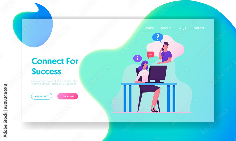 Poster customer hotline support service website landing page. operator consultant chatting with client in c