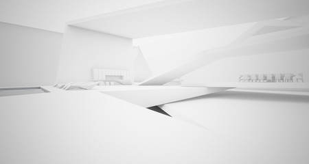 Abstract architectural white interior of a minimalist house with swimming pool. 3D illustration and rendering.