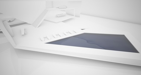 Abstract architectural white interior of a minimalist house with swimming pool. 3D illustration and rendering.