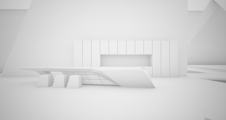 Abstract architectural white interior of a minimalist house with swimming pool. 3D illustration and rendering.