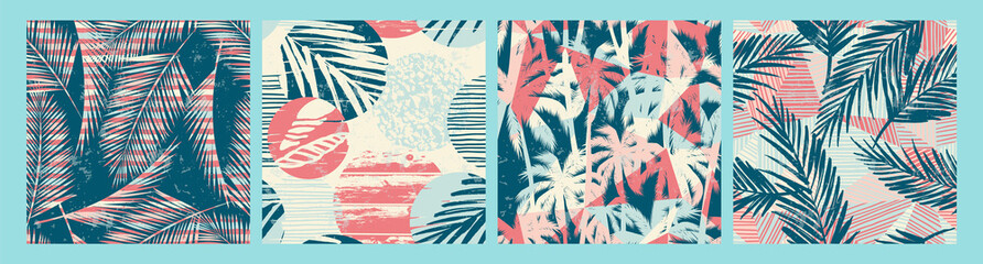 Seamless exotic pattern with tropical plants and textured background. - obrazy, fototapety, plakaty