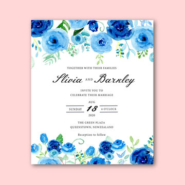 Wedding Invitation Blue Floral Watercolor