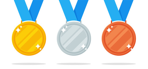 Medal Vector. Gold, silver and bronze medals are the prize of the winner of a sports event. - obrazy, fototapety, plakaty