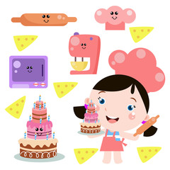 Little Girl Chef Activity Cute Cartoon. Kids. Children with Cooking tool. Chef. Cake Birthday Vector Template Design Illustration