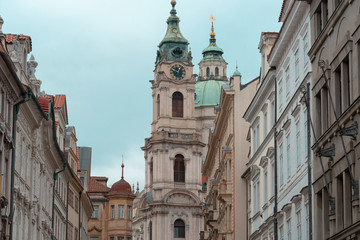 Fototapeta na wymiar Green roof of Saint Nicholas Cathedral in lesser town. Mala Strana quarter, Prague.