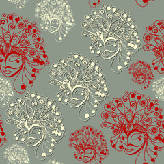 Seamless pattern (texture) with abstract decorative mask (symbol of the carnival in Venice). Suitable for design: fabric, cloth, wallpaper, wrapping, packaging. Vector illustration.