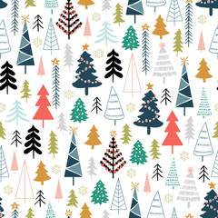 Cotton fabric Winter seamless pattern with christmas trees, spruce woods on white background. Surface design for textile, fabric, wallpaper, wrapping, giftwrap, paper, scrapbook and packaging.