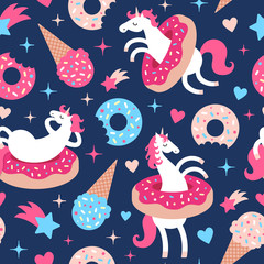 Vector illustration seamless pattern with fun unicorns in donuts on dark blue background. Cartoon style cute character