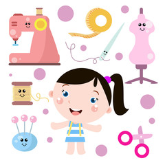 Little Girl Tailors Activity Cute Cartoon. Kids. Children with Tailors tool Vector Template Design Illustration