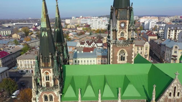 Aerial video of Saint Olga and Elizaveta Church in central part of old city of Lviv, Ukraine