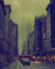 Digital painting. Street with large skyscrapers with the texture of an old canvas and cracks