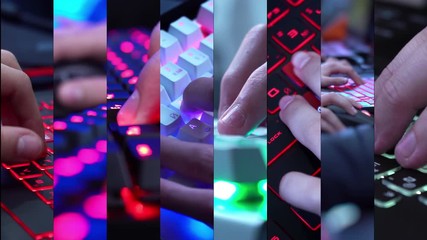 Online lesson. Distance learning. Group Video Chat, Conference. Gamer playing a computer game. Work at home. eSports. Championship in computer games. online shopping