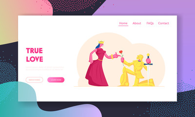 Historical Scene, Actors Playing Roles in Movie Website Landing Page. Knight in Gold Sparkling Armor Stand on Knee with Sword Oath Giving to Queen Web Page Banner. Cartoon Flat Vector Illustration
