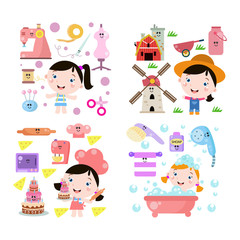 Obraz na płótnie Canvas Little Girl Activity Cute Cartoon. Kids. Children Compilation Set with tool Vector Template Design Illustration