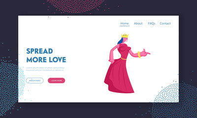 Medieval Royal Person Website Landing Page. Princess or Queen in Red Dress with Crown on Head. Female Fairy Tale Personage, Historical Movie Actress Web Page Banner. Cartoon Flat Vector Illustration