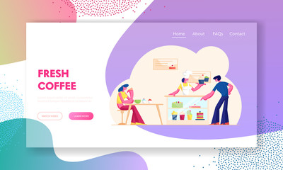 People Visiting Cafe or Bakehouse Website Landing Page. Saleswoman Stand at Desk with Pastry Giving Cake to Customer in Bakery Shop. Staff Serve Client Web Page Banner Cartoon Flat Vector Illustration