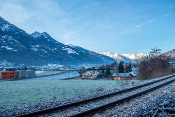 mountain panorama with white frost. Iced morning