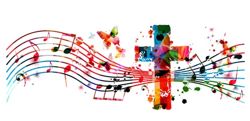 Buntes christliches Kreuz mit Musiknoten lokalisierte Vektorillustration. Hintergrund zum Thema Religion. Design für Gospel-Kirchenmusik, Konzert, Festival, Chorgesang, Christentum, Gebet © abstract